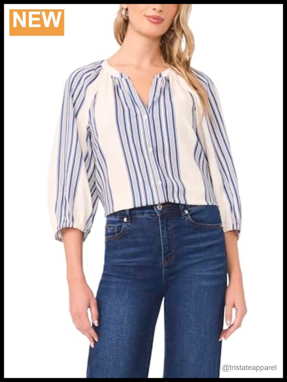 Linen Raglan Button Down Blouse 3/4 Sleeve Striped V-Neck